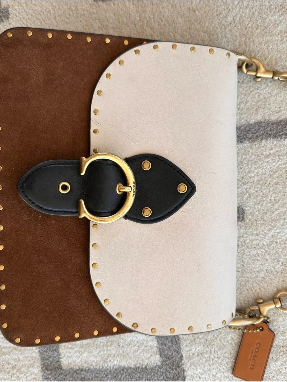 Coach Colorblock Leather Shoulder Bag in White, Brown and Black with Gold Chain